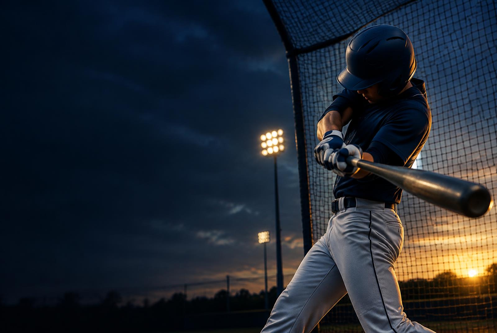 Baseball player training in a batting cage